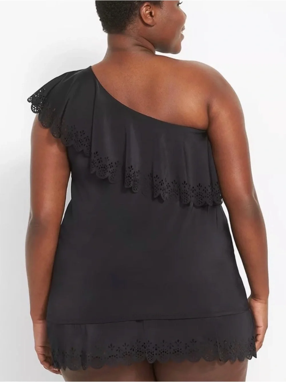 Cacique No-Wire Laser Cut One-Shoulder Ruffle Swim Tankini Top Plus Size 24
